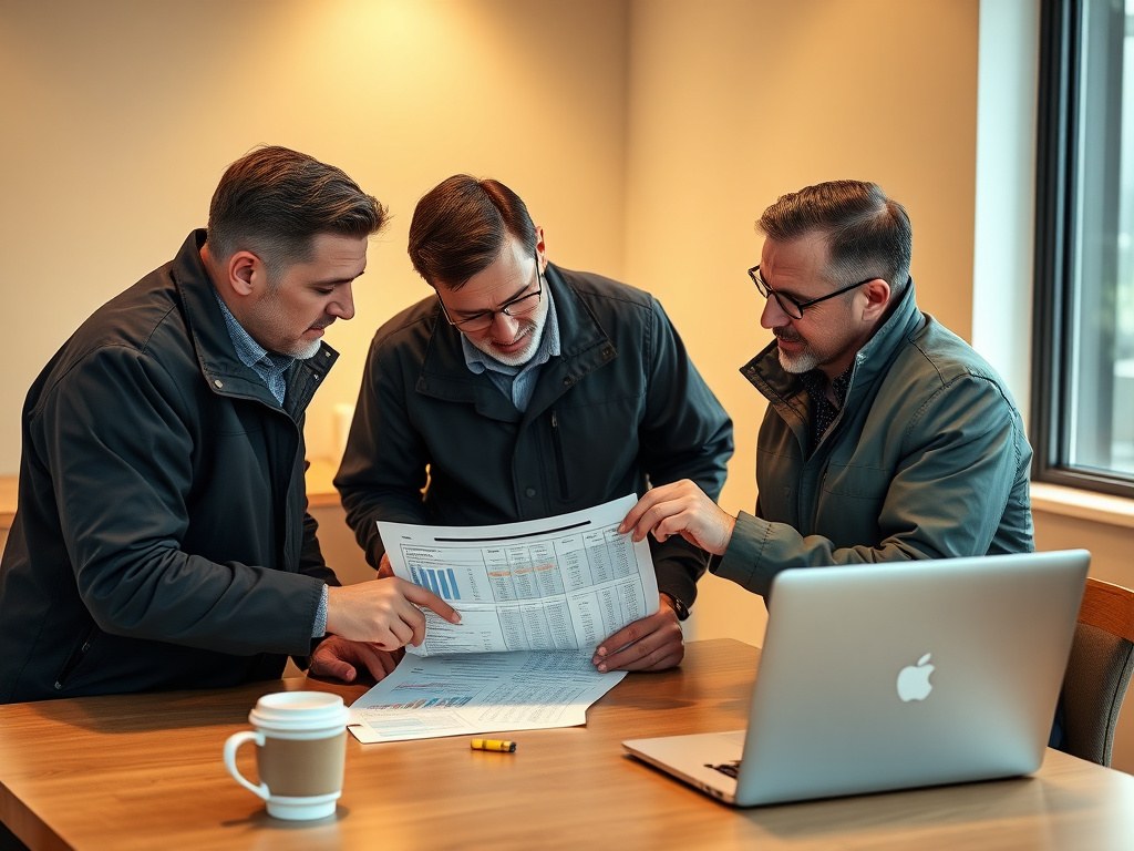 Three spray foam business owners in work jackets huddled around a table reviewing a printed pricing spreadsheet together